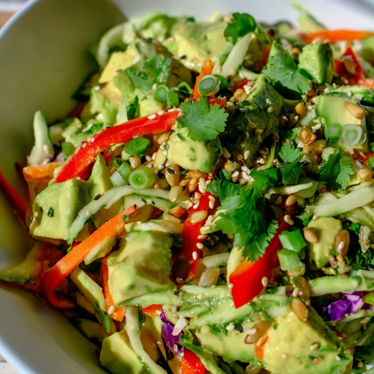 A vibrant bowl of Avocado Cabbage Salad features lime dressing, red bell pepper slices, and julienned carrots.