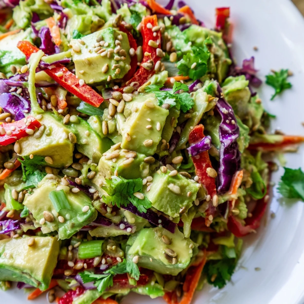 Healthy Avocado Cabbage Salad served on a plate, garnished with green onions and cilantro for a light lunch.