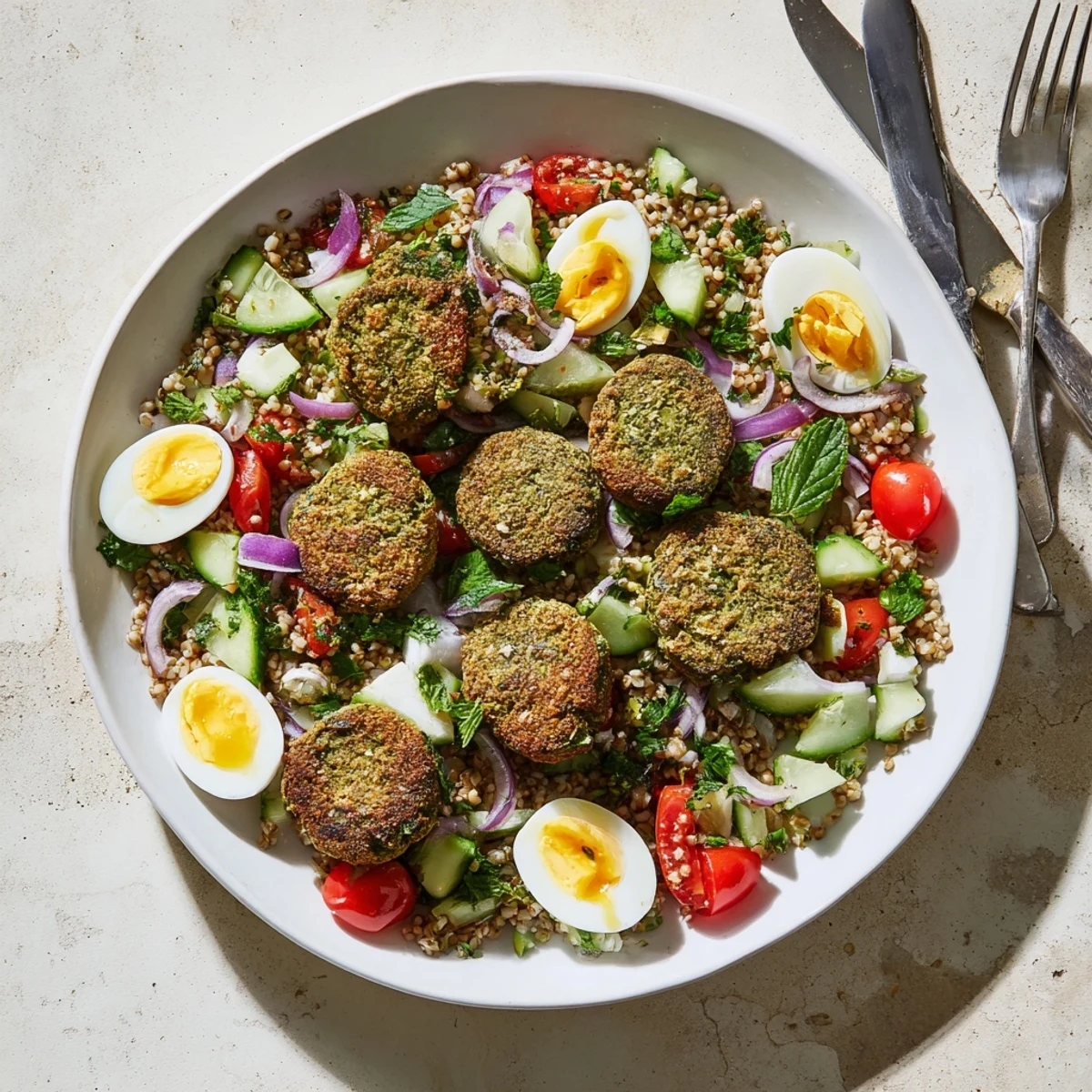 Crisp pan-fried broccoli falafels are served on a bed of fluffy buckwheat, chopped veggies, and herbs with boiled egg quarters.