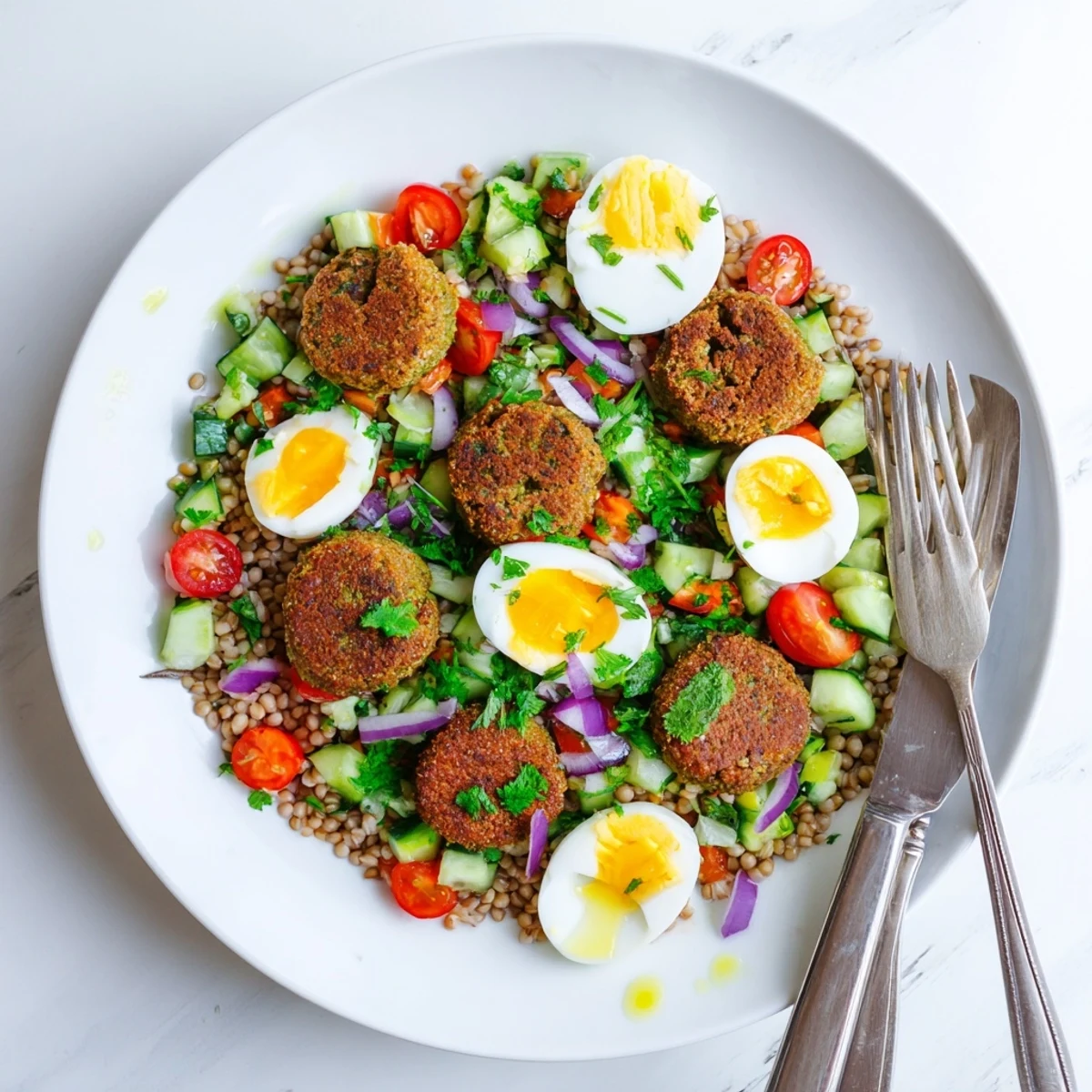 Golden crispy broccoli falafels rest atop a colorful buckwheat salad with eggs and fresh herbs, perfect for a wholesome lunch.