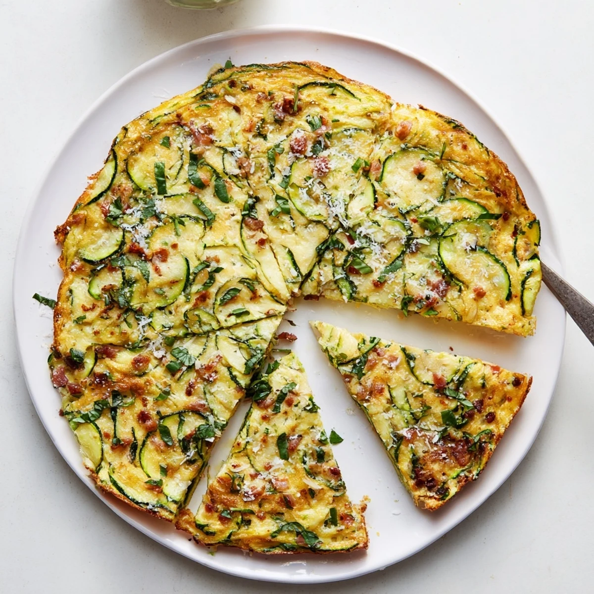 A golden slice of Zucchini Herb and Pancetta Frittata rests on a white plate, showcasing tender green zucchini ribbons and crispy pancetta bits.