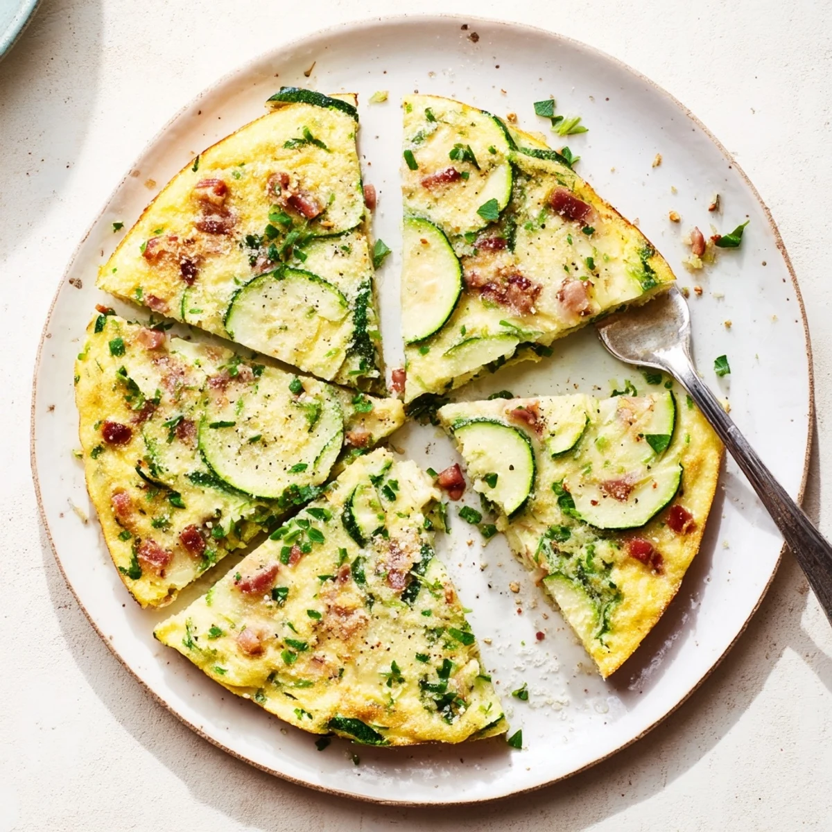 Close-up of Zucchini Herb and Pancetta Frittata bubbling in a skillet, with melted Parmesan and sautéed onions creating an aromatic Italian main dish.