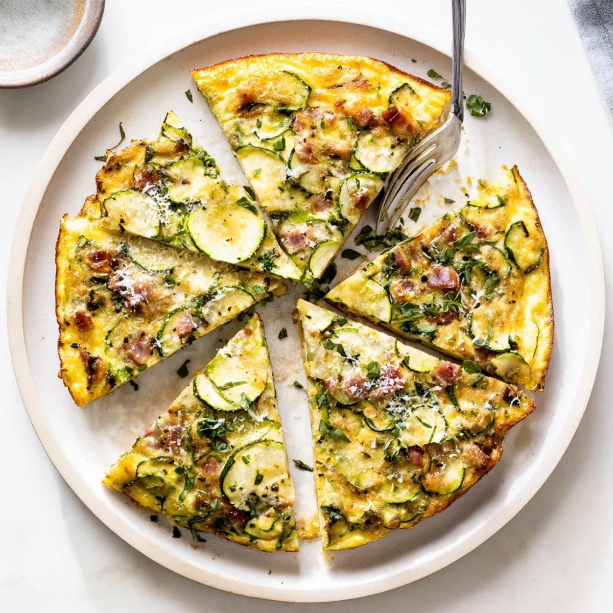 Fresh herbs top a warm Zucchini Herb and Pancetta Frittata, cut into wedges and ready to serve for a savory brunch spread.