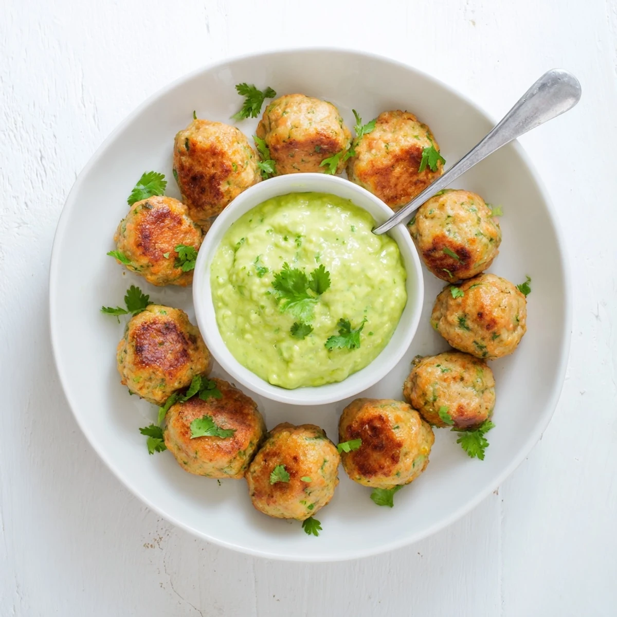 Golden-brown Salmon Balls With Creamy Avocado Sauce arranged on a rustic plate, garnished with fresh dill and a lemon wedge for a vibrant appetizer.