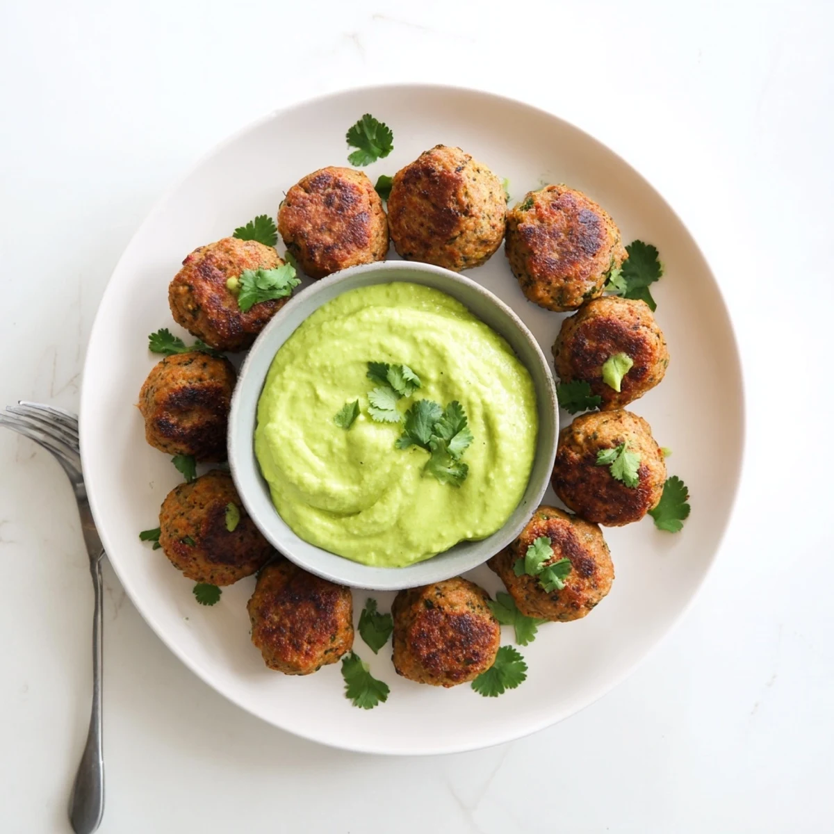A close-up view of Salmon Balls With Creamy Avocado Sauce showing a juicy interior and smooth, bright green sauce in a small dipping bowl.