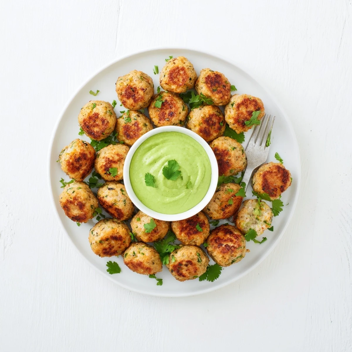 Serve these Salmon Balls With Creamy Avocado Sauce warm over a bed of greens for a healthy, gluten-free dinner option for four.