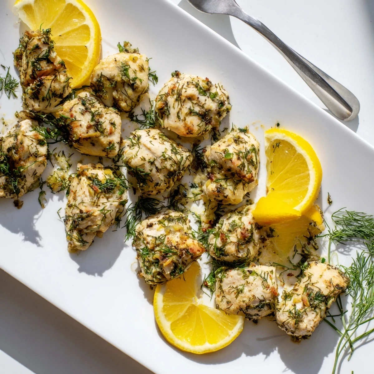 Golden-baked Paleo Lemon Dill Chicken breasts rest on a white plate, garnished with fresh dill and lemon slices, showcasing a zesty, herbaceous marinade.