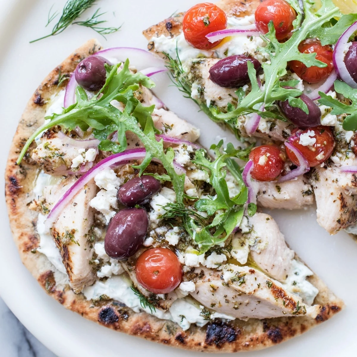 Golden slices of lemon-herb chicken rest on warm flatbread with creamy feta, cherry tomatoes, and red onion, finished with fresh arugula.  