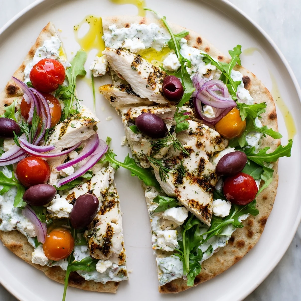 Zesty Lemon Herb Chicken Flatbread is plated with arugula, Kalamata olives, and a light olive oil drizzle on a rustic board.