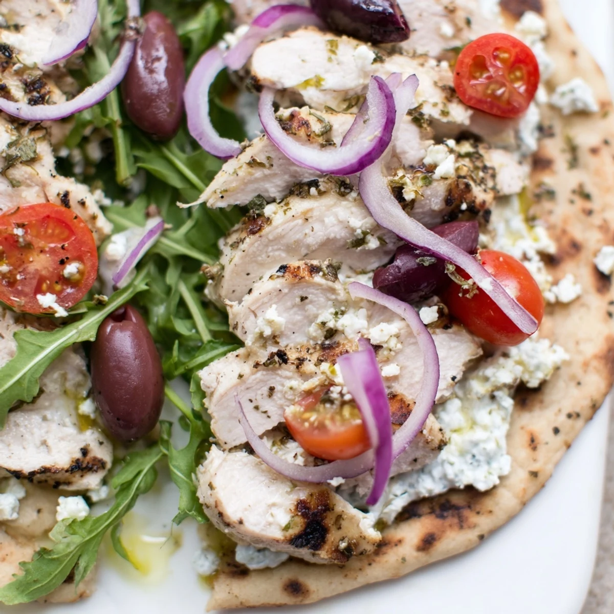 A close-up of Zesty Lemon Herb Chicken Flatbread shows tangy dill-yogurt spread, juicy chicken, and crisp edges from baking.  