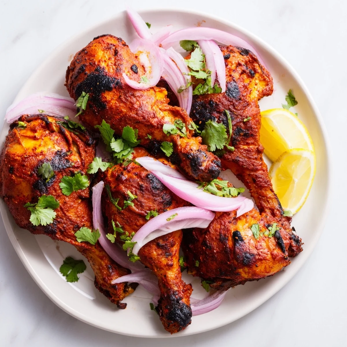 Juicy, marinated Tandoori Chicken thighs roasted with vibrant spices and a hint of char on a wire rack.