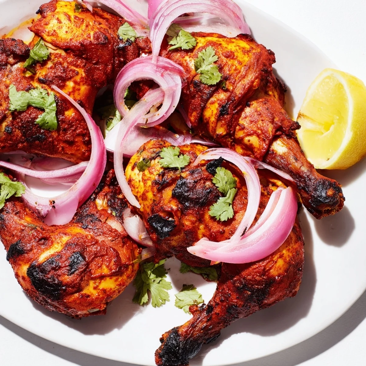 Golden-baked Tandoori Chicken pieces arranged on a platter with sliced red onions and a smoky aroma.