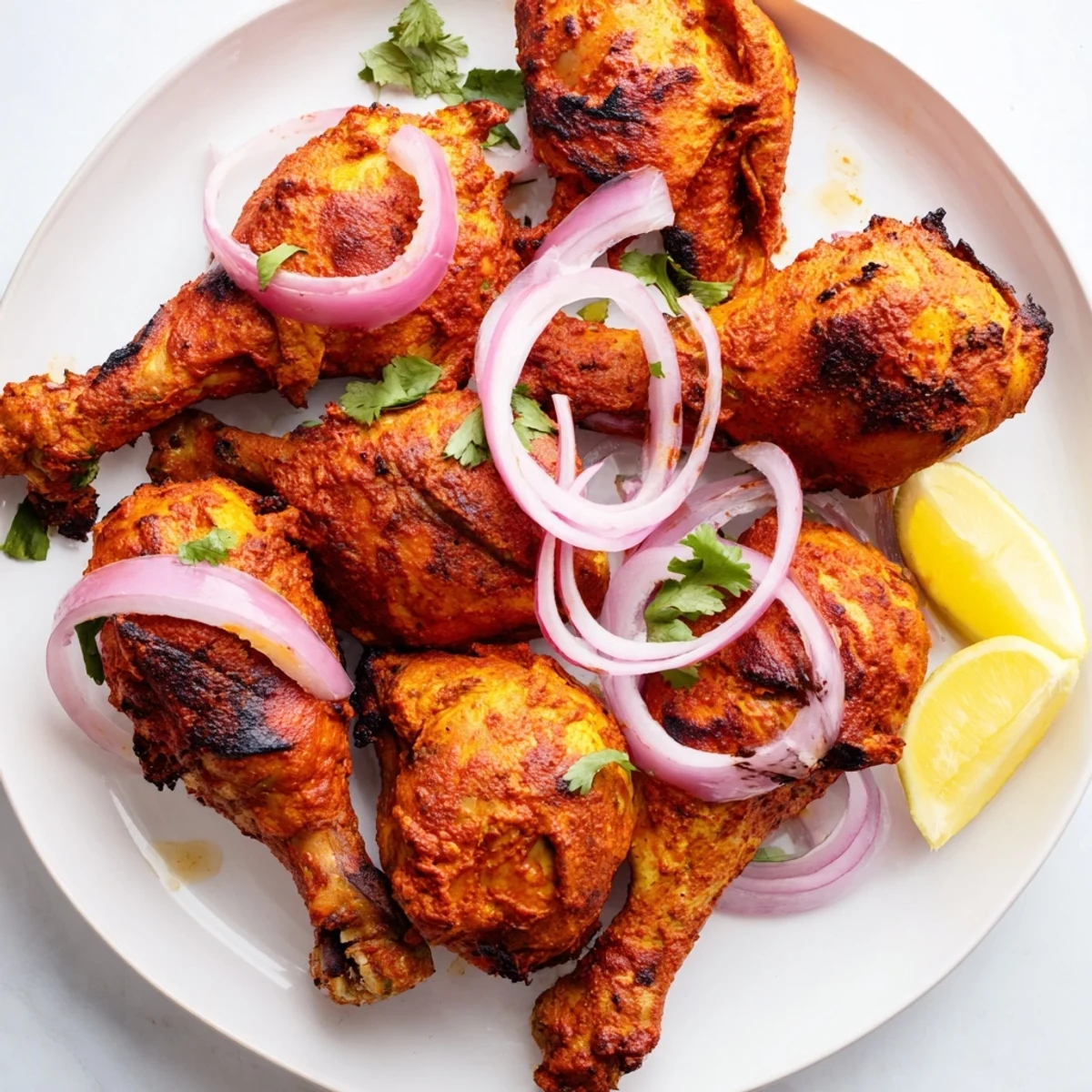 A close-up view of Tandoori Chicken drumsticks served with lemon wedges and fresh cilantro garnish.