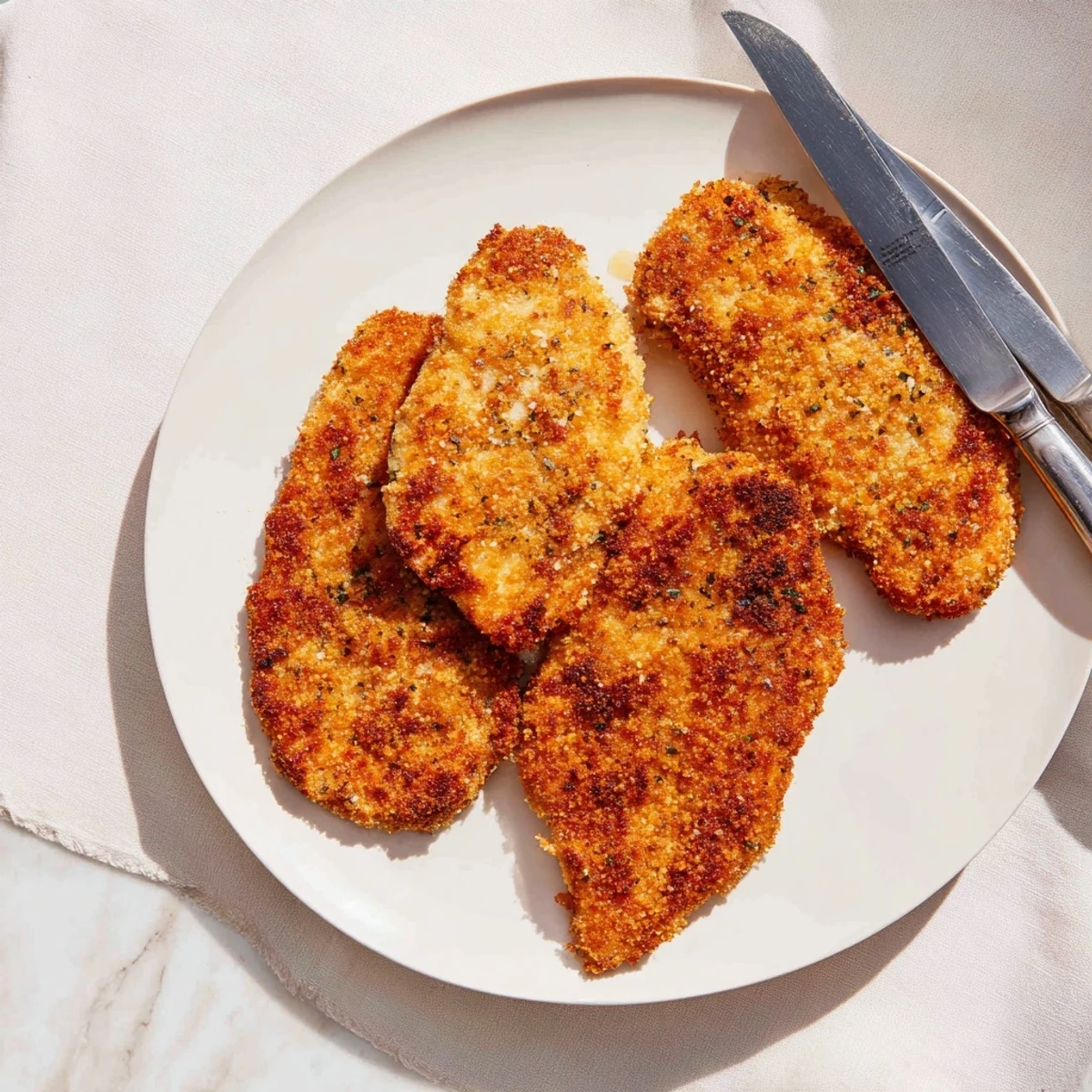 Juicy Air Fryer Breaded Chicken Breast with crispy panko and Parmesan coating, served alongside a small dipping sauce for weeknight meals.
