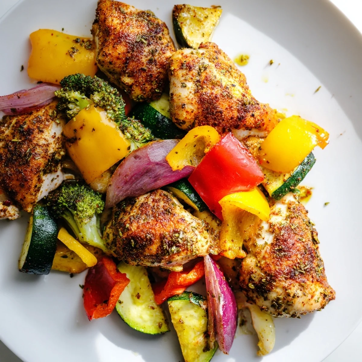 A rustic plate of 10-Minute Air Fryer Chicken and Veggies served over fluffy white rice with a lemon wedge.