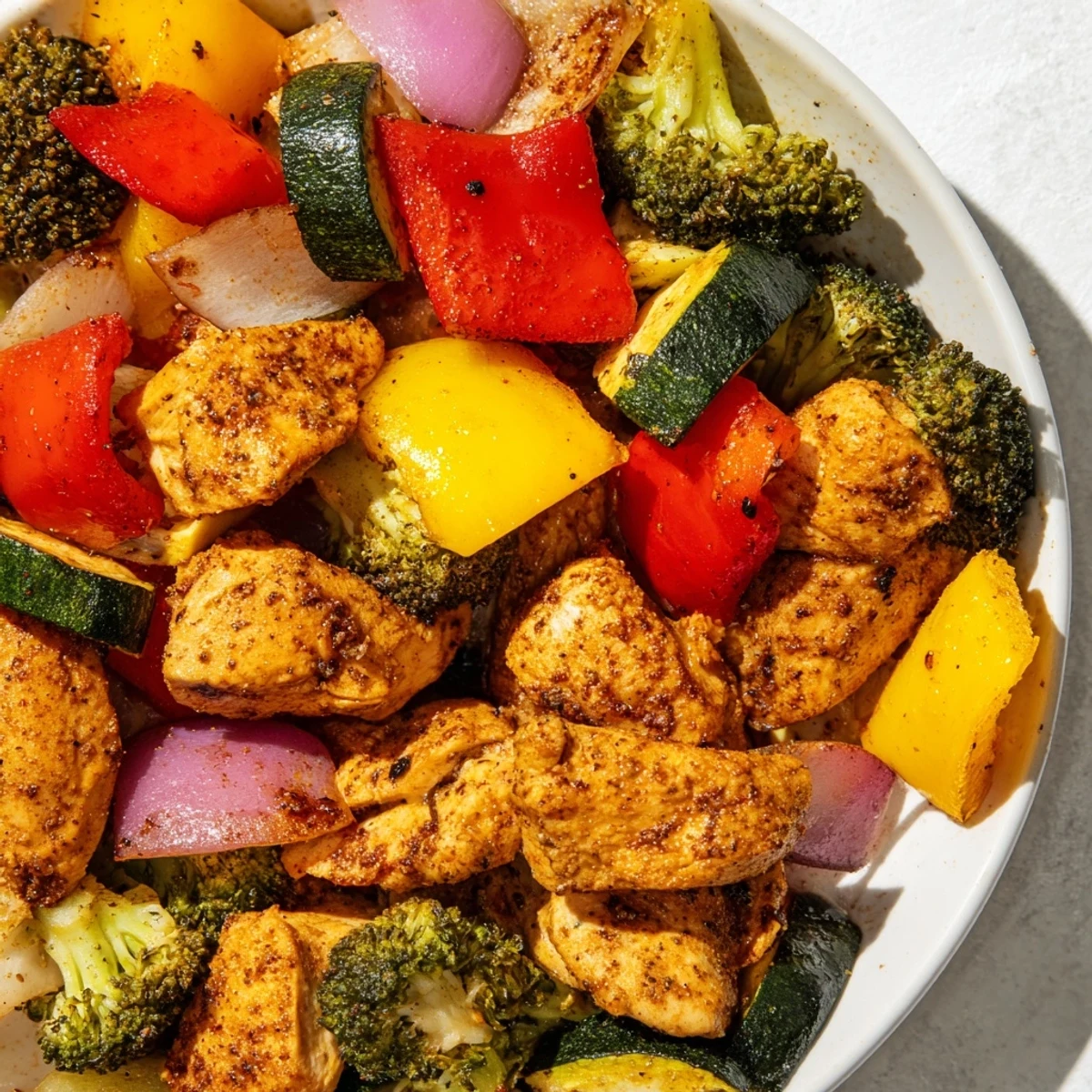 Close-up of 10-Minute Air Fryer Chicken and Veggies with juicy golden chicken pieces and colorful bell peppers and zucchini.