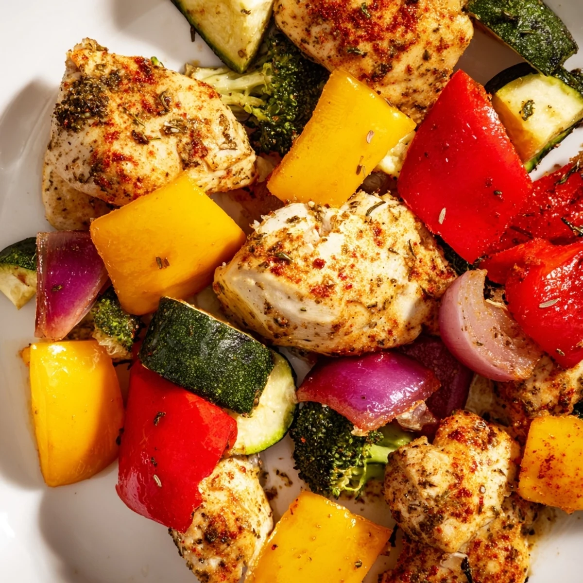 Healthy 10-Minute Air Fryer Chicken and Veggies in a black air fryer basket showing tender broccoli and onions.