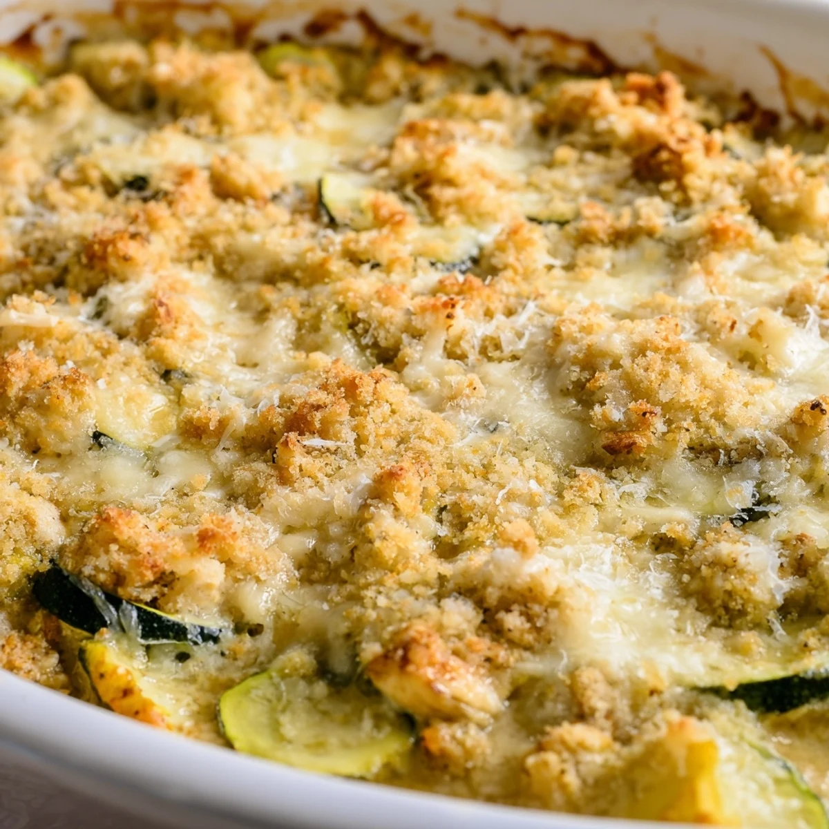 Golden-brown Chicken Zucchini Bake emerges from the oven with melted cheese and crunchy breadcrumbs.