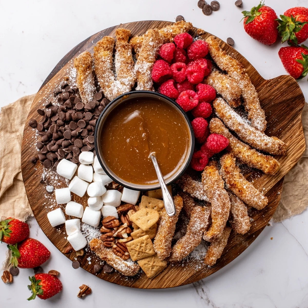 Crispy Salted Caramel Apple Fries arranged on a wooden board with warm caramel sauce for dipping.