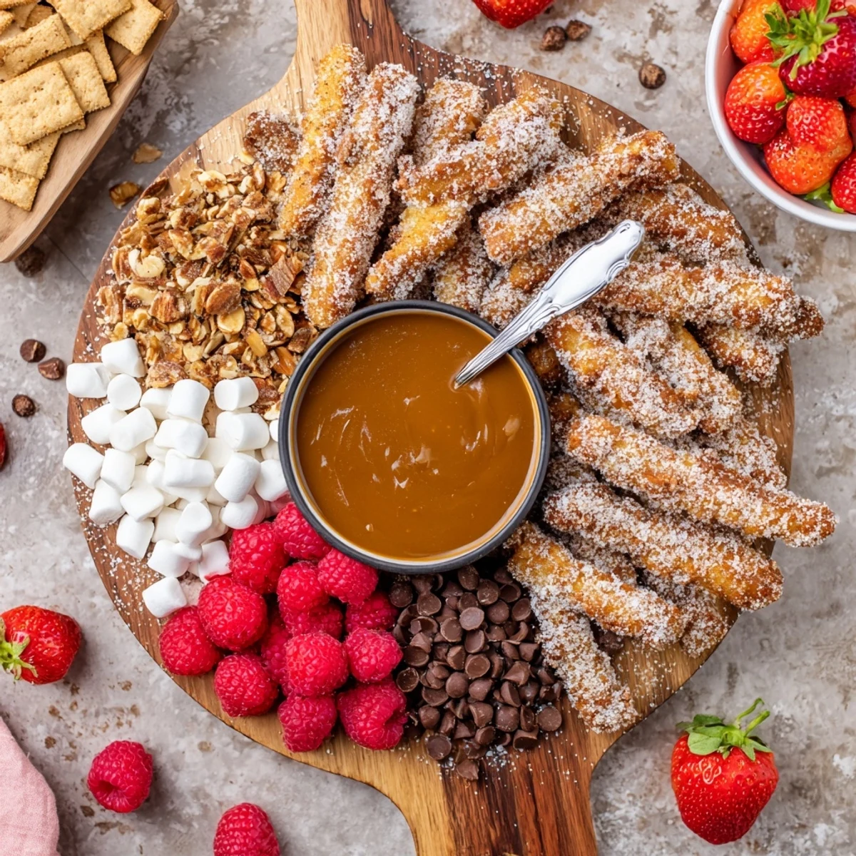Salted Caramel Apple Fries Board with powdered sugar-dusted fries and sweet dippables like marshmallows.