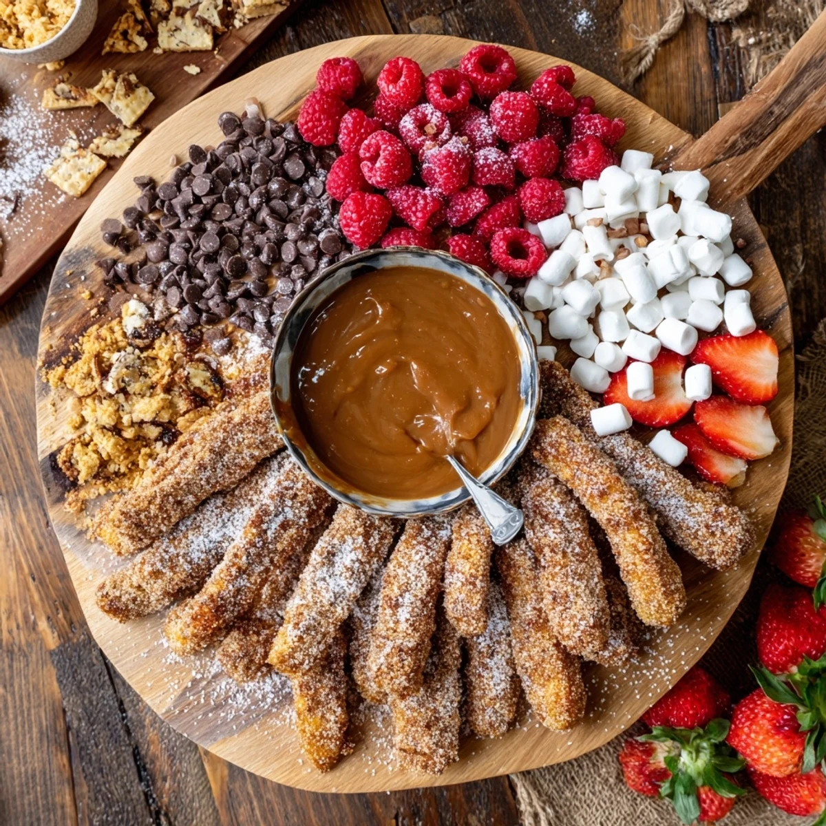 A close-up of Salted Caramel Apple Fries Board featuring fresh berries and rich salted caramel drizzle.