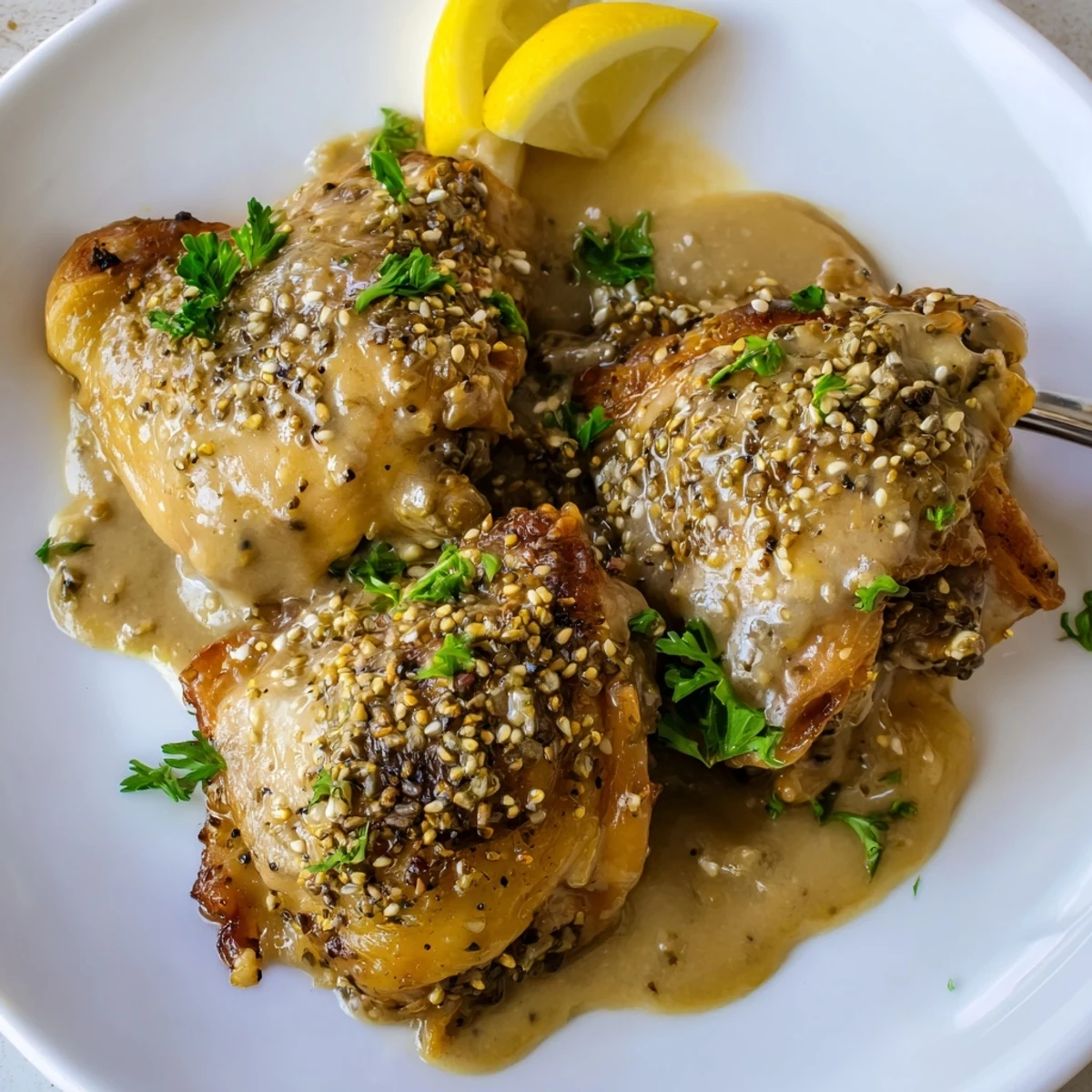 Succulent Zaatar Tahini Chicken Thighs served over rice with lemon wedges and fresh parsley.  