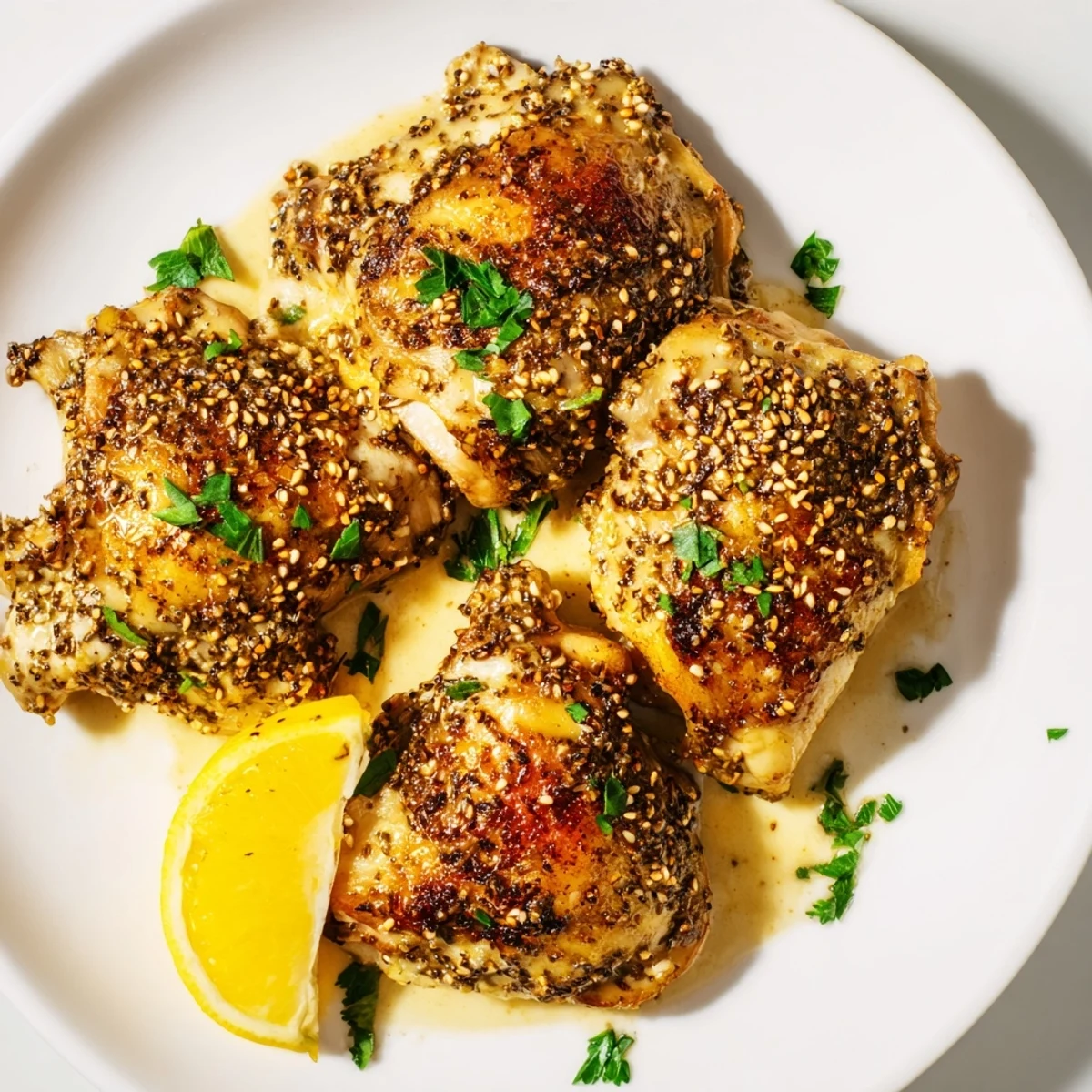 Golden roasted Zaatar Tahini Chicken Thighs glistening with herbs and sesame seeds on a plate.  