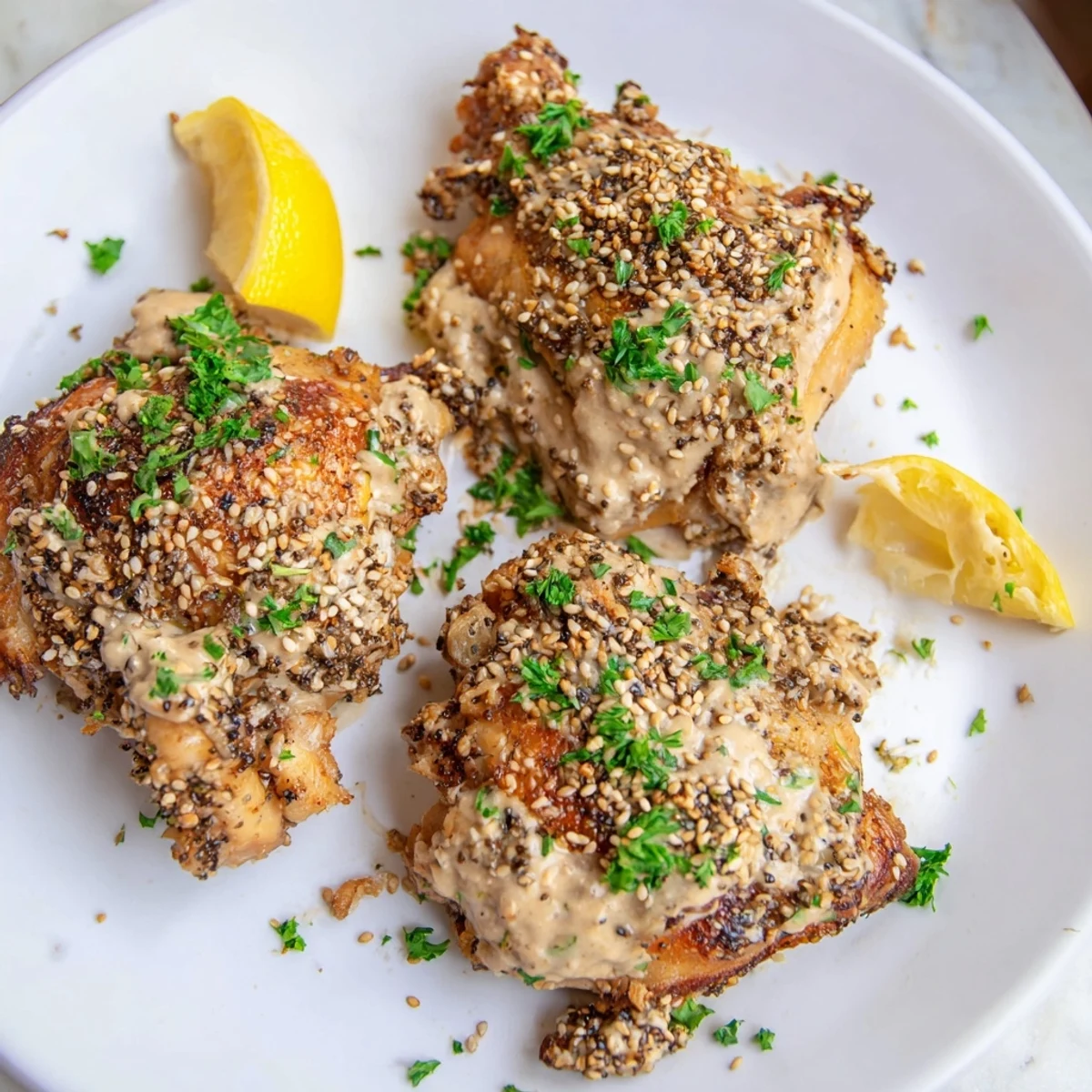 Juicy Zaatar Tahini Chicken Thighs fresh from the oven, garnished with toasted sesame seeds.