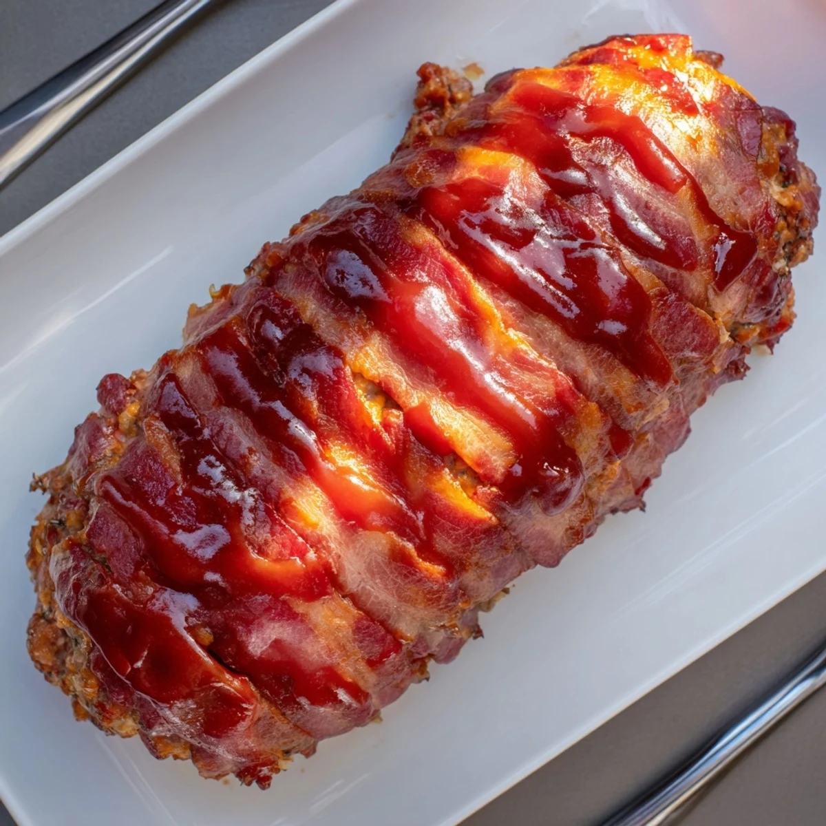 A thick slice of BBQ Beef Bacon Wrapped Meatloaf reveals a juicy, seasoned interior, served alongside creamy mashed potatoes and roasted green beans.  