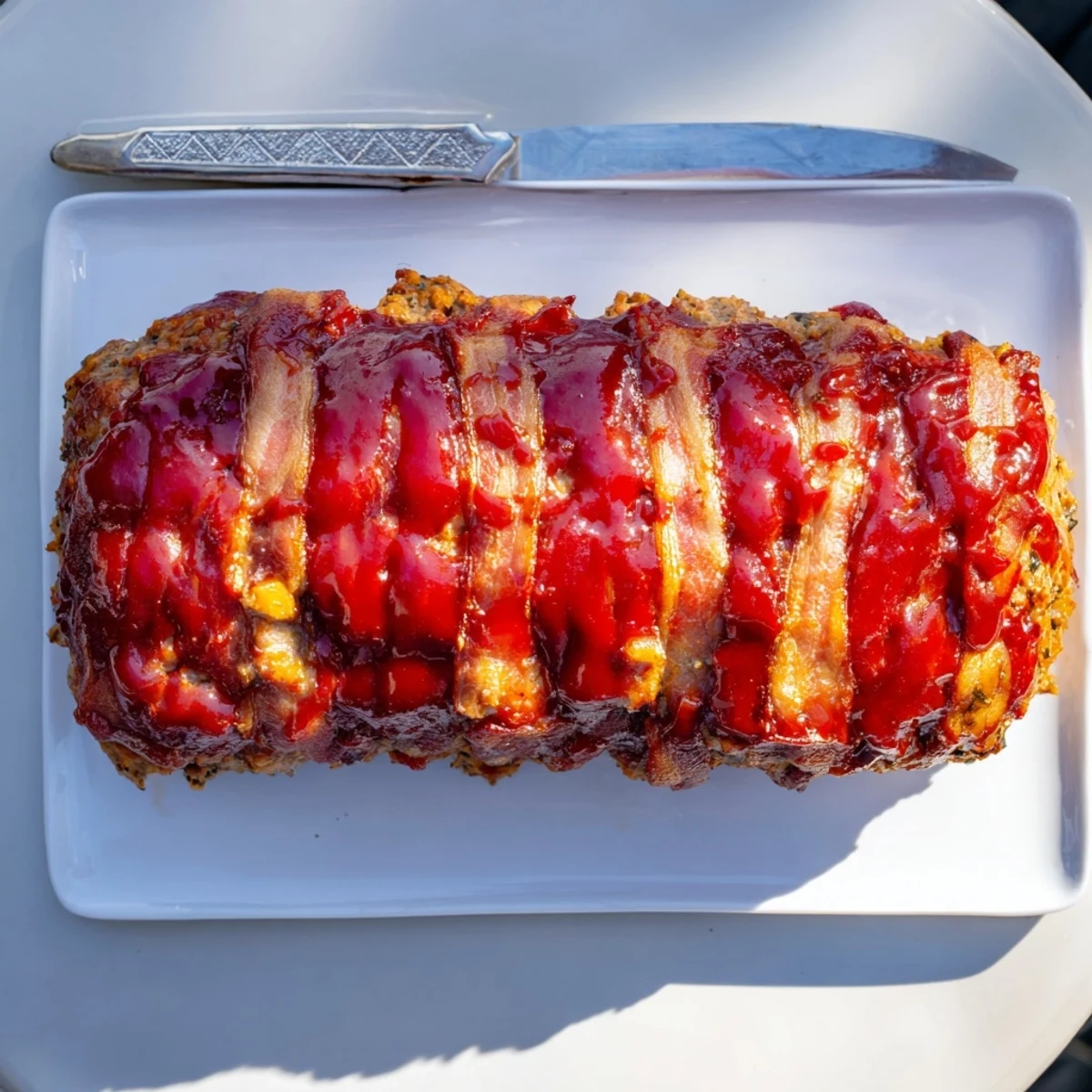 Homemade BBQ Beef Bacon Wrapped Meatloaf cooling on a wire rack, with tangy BBQ sauce brushed on top and a fresh herb garnish.