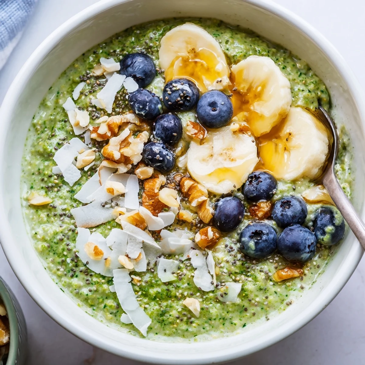 Vibrant green Matcha Protein Overnight Oats layered in a jar with almond milk and chia seeds.