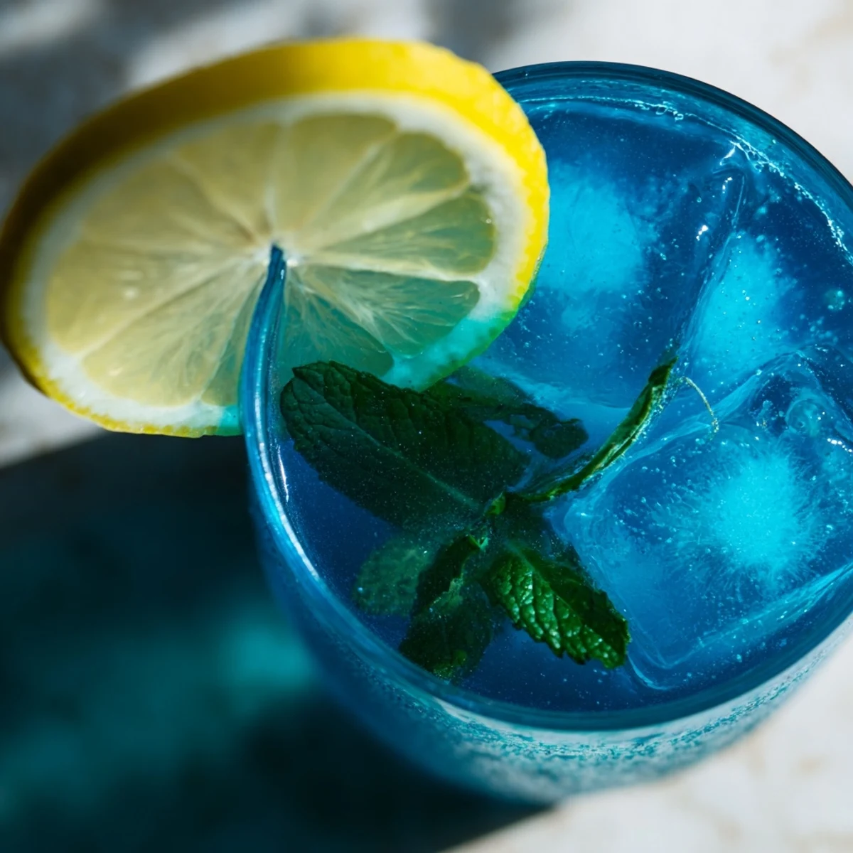 The natural blue hue of Blue Spirulina Lemonade glistens in a glass with condensation and fresh mint.