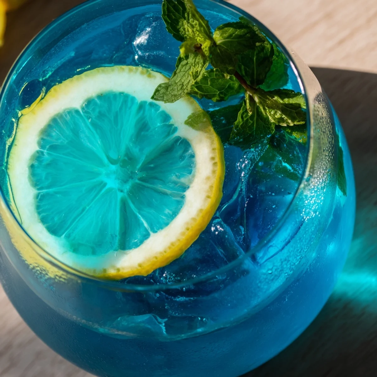 A vibrant pitcher of Blue Spirulina Lemonade filled with bright blue liquid, mint, and lemon slices.