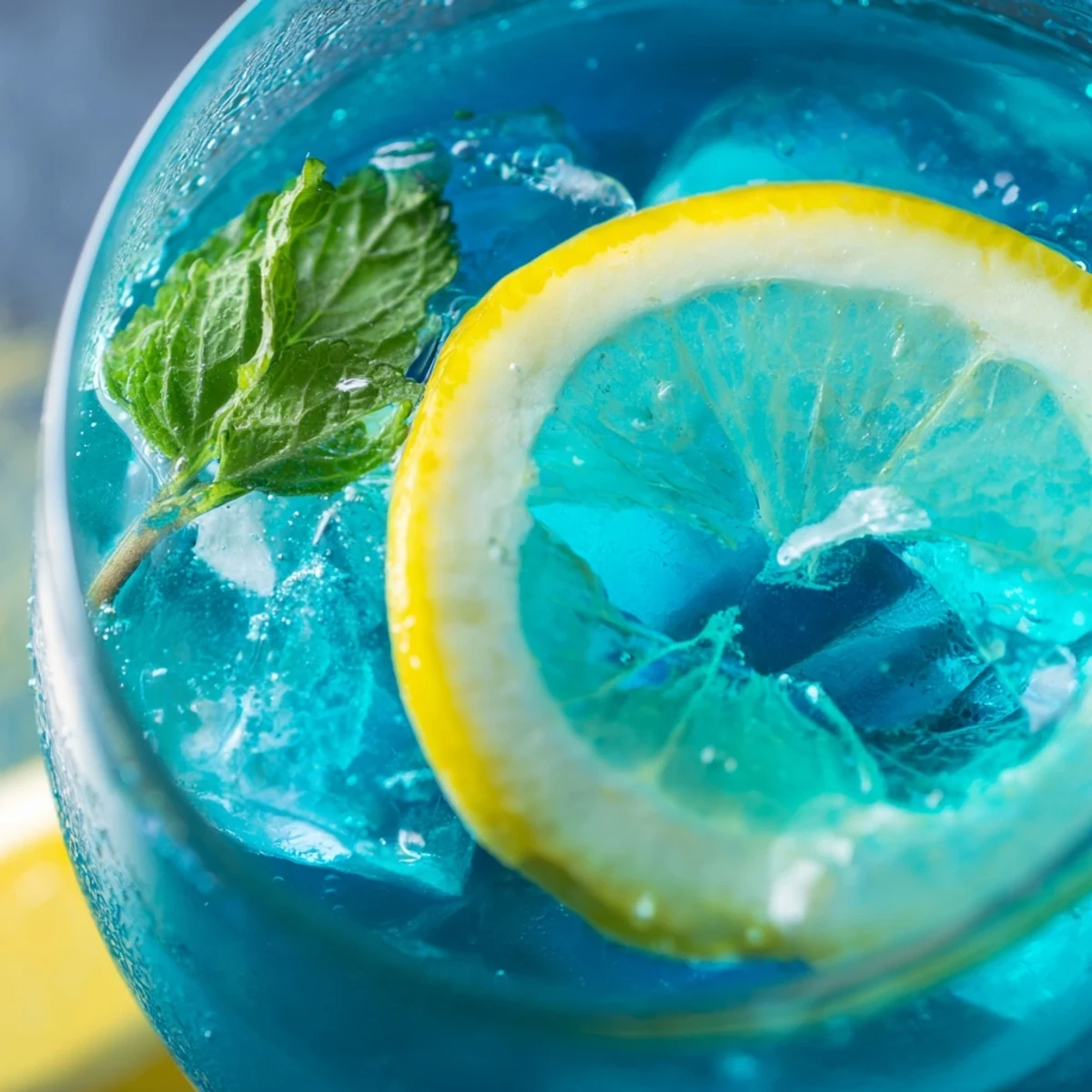 Serving Blue Spirulina Lemonade over ice in a glass garnished with lemon wheels and fresh mint leaves.