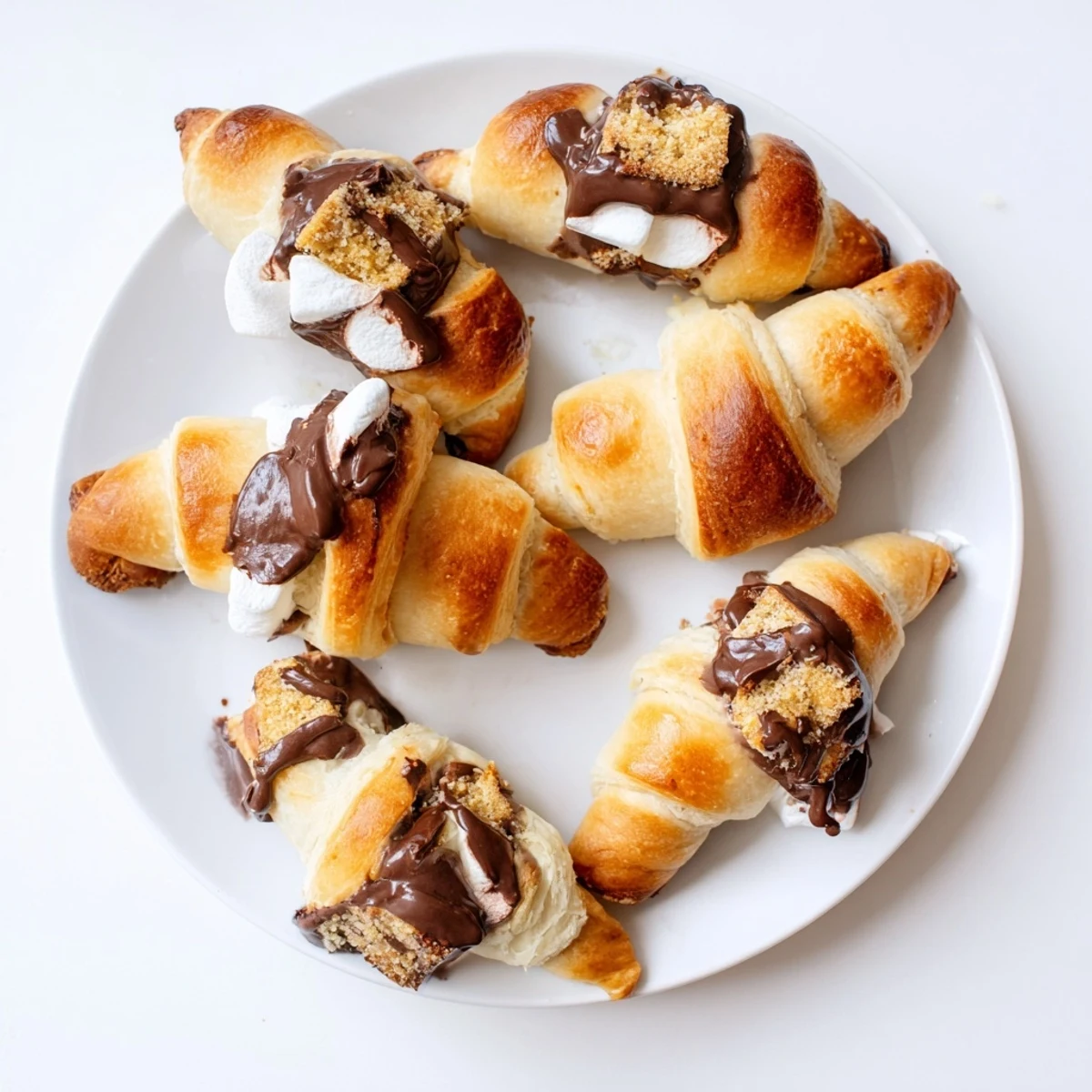 Flaky golden crescent rolls filled with melted chocolate and toasted marshmallows, topped with graham cracker crumbs for a s'mores dessert.