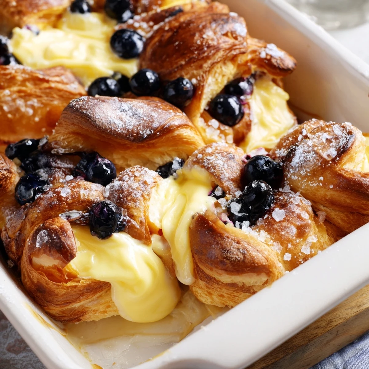 A freshly baked Blueberry Cream Cheese Croissant Casserole with golden, buttery edges and bubbly blueberries.