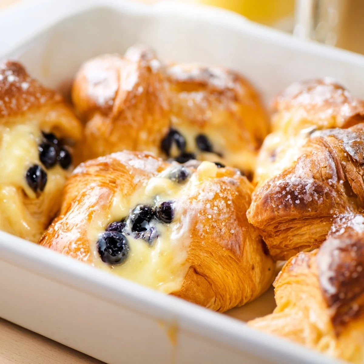 Serve warm Blueberry Cream Cheese Croissant Casserole with powdered sugar for a sweet breakfast treat.