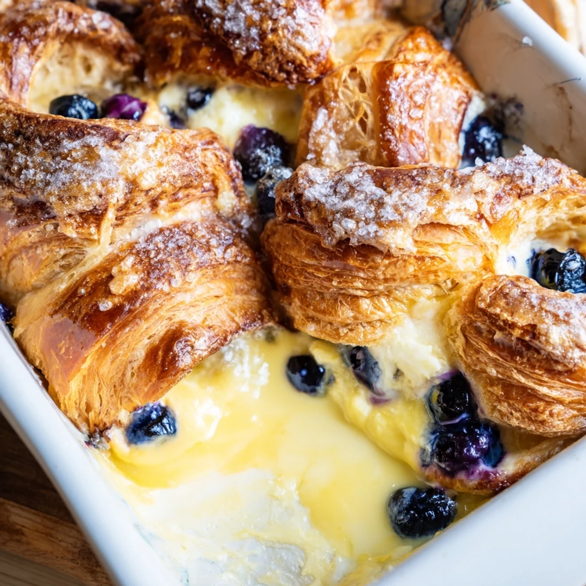 This plated Blueberry Cream Cheese Croissant Casserole shows creamy filling and blueberries in a rustic dish.