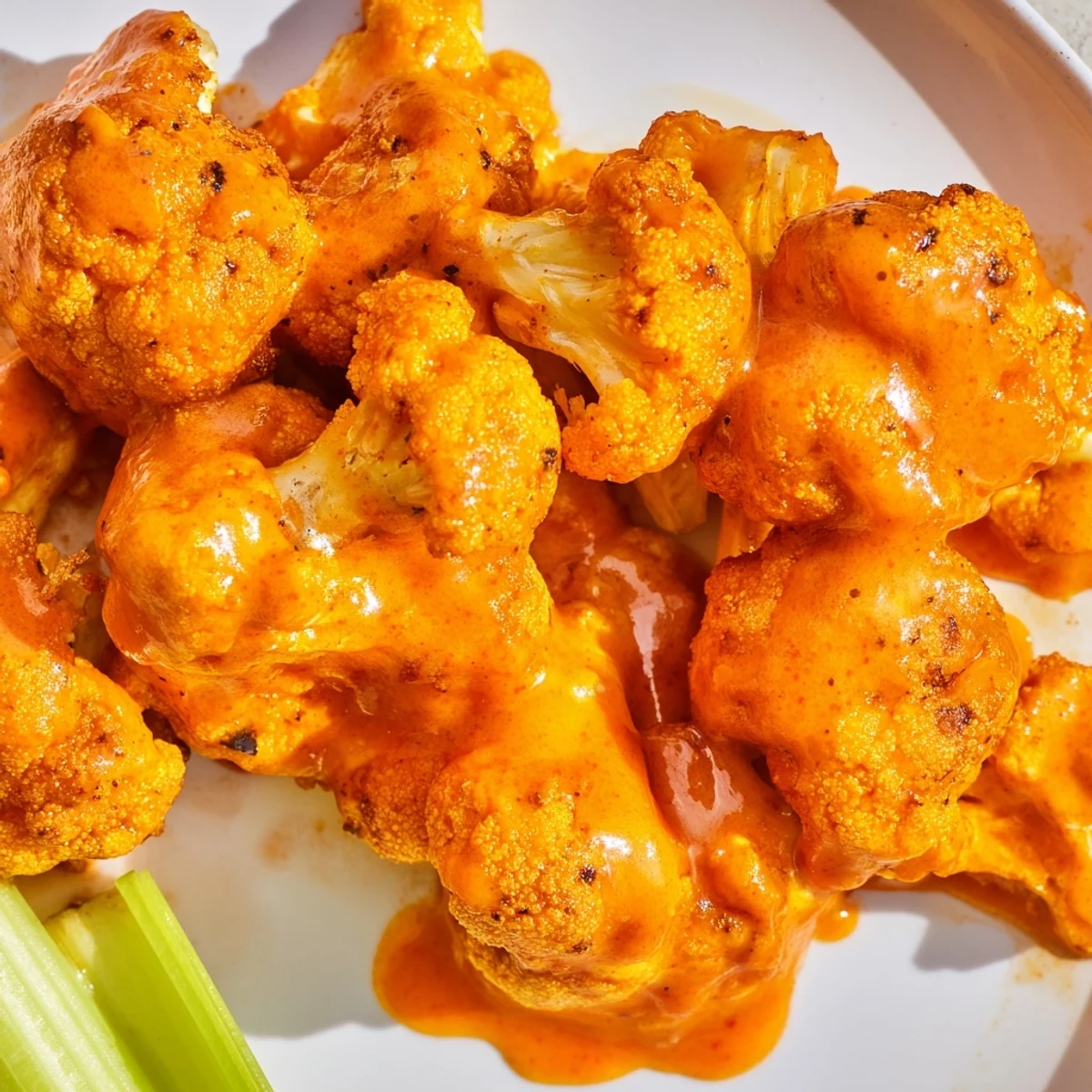 Air Fryer Buffalo Cauliflower bites show spicy red glaze, crunchy texture, and a vegetarian-friendly appetizer ready for game day snacking.  
