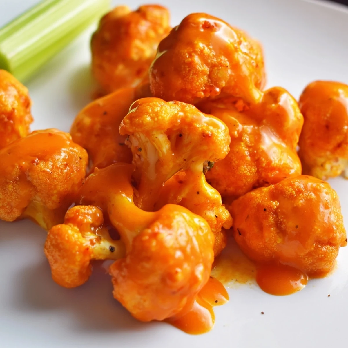 Golden, crispy Air Fryer Buffalo Cauliflower florets glisten with tangy buffalo sauce, served with celery and creamy ranch for dipping.  