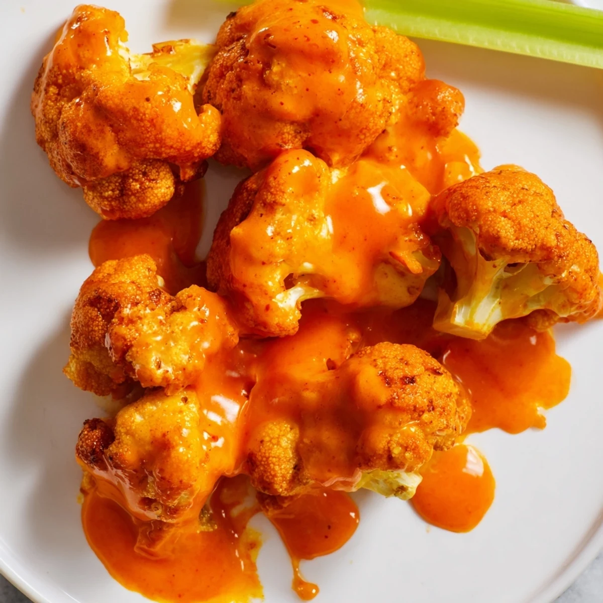 Fresh from the air fryer, Air Fryer Buffalo Cauliflower looks golden and crisp, paired with blue cheese dressing and crunchy celery sticks.