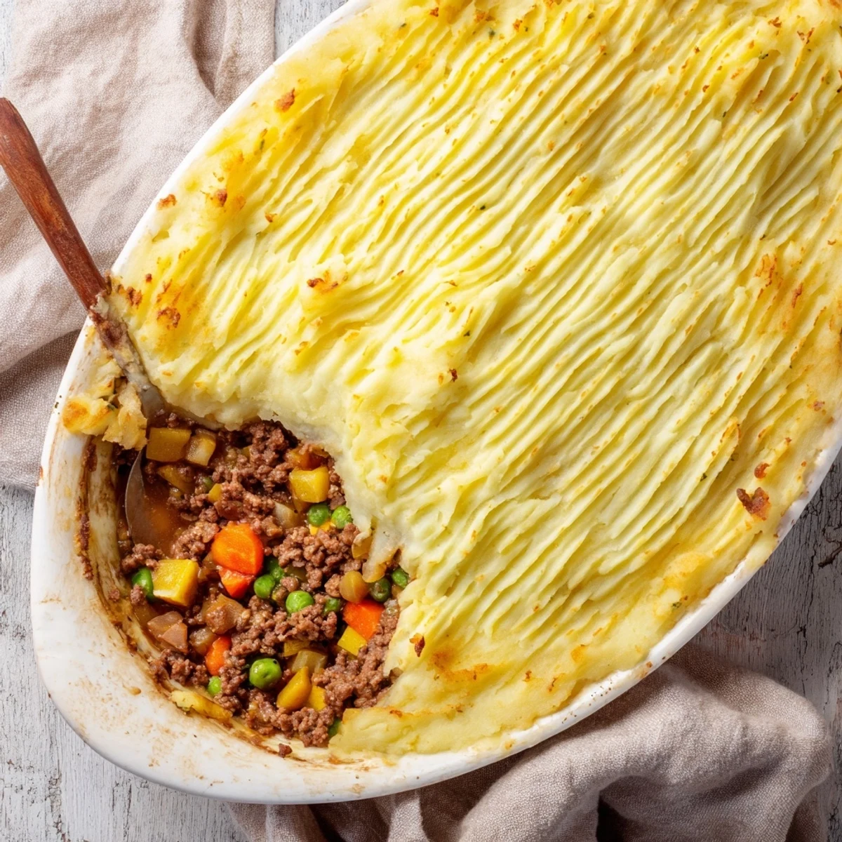A close-up of Easy Shepherds Pie in a white baking dish, showing golden ridged mashed potatoes over bubbling beef filling.