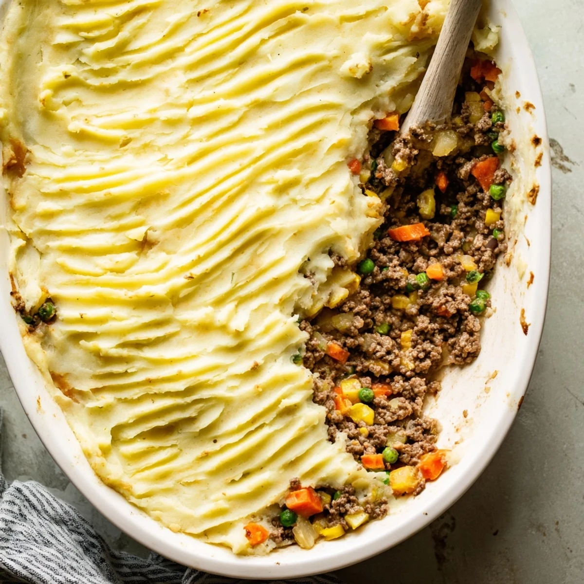Freshly baked Easy Shepherds Pie ready to serve, steam rising from the golden potato topping above a rich meat filling.