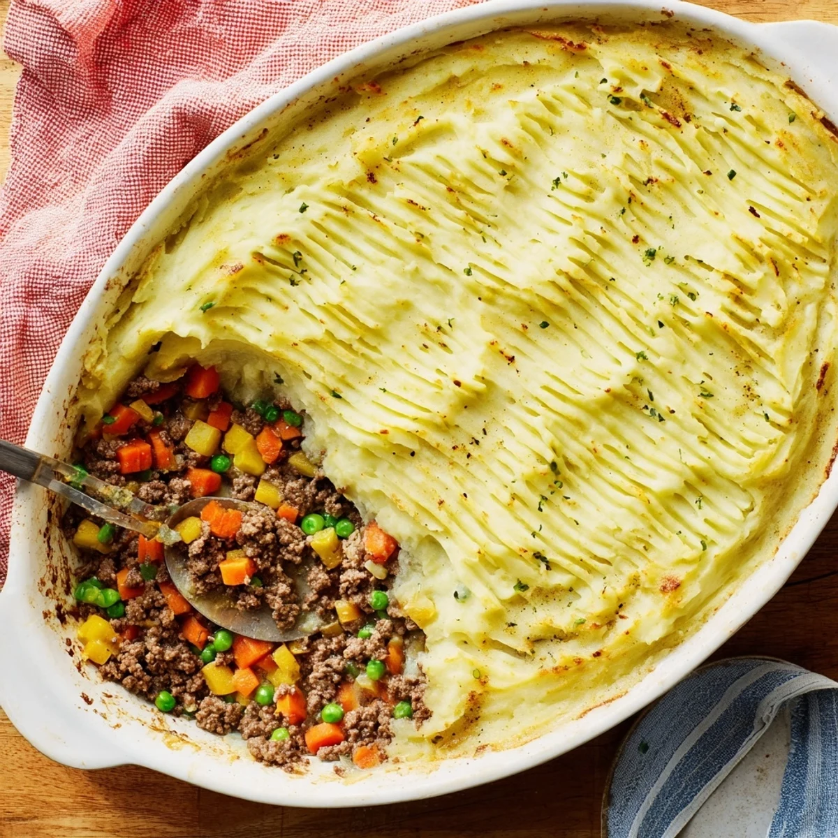 Savory Easy Shepherds Pie served in a rustic dish, with creamy potato peaks browned and a side of green peas visible.