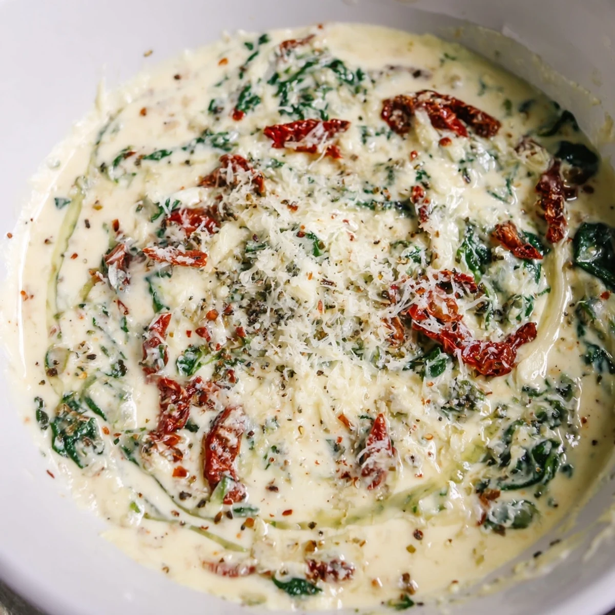 Creamy Tuscan Garlic Sauce with vibrant spinach and sun-dried tomatoes in a warm skillet, perfect for pasta.