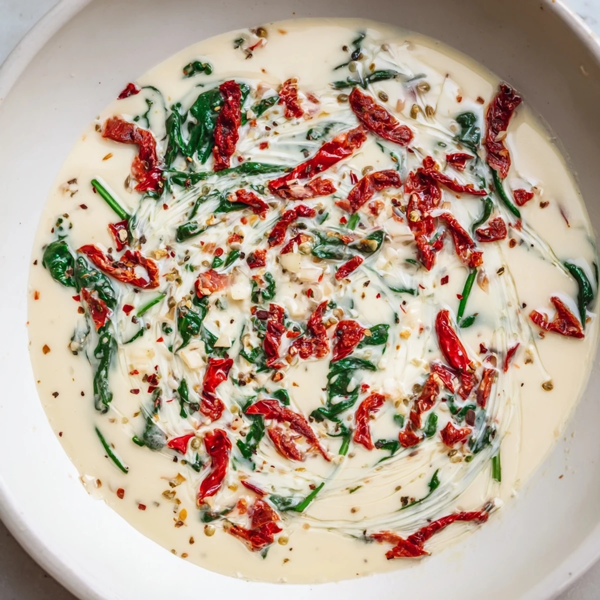 A close-up of velvety Creamy Tuscan Garlic Sauce over fettuccine, with steam rising from the aromatic garlic base.