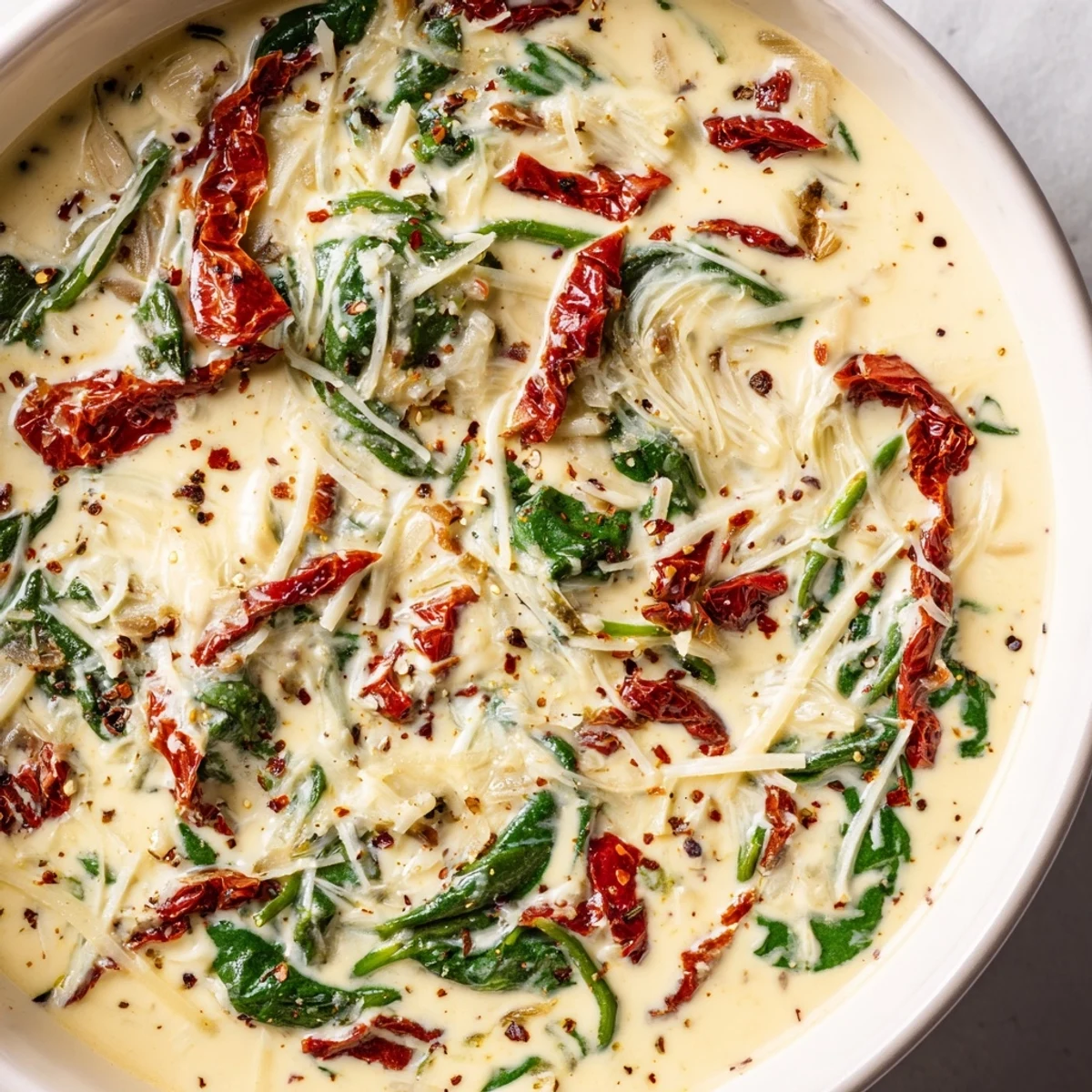 Sun-dried tomatoes and spinach swim in rich Creamy Tuscan Garlic Sauce, garnished with fresh parsley and herbs.