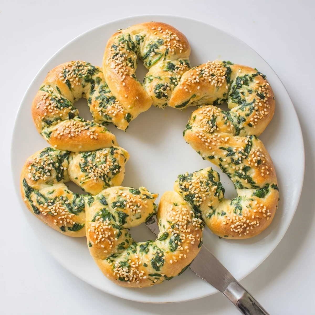 Golden-brown Spinach Cottage Cheese Flagels rest on a wire rack, their flaky sesame topping glistening after baking.