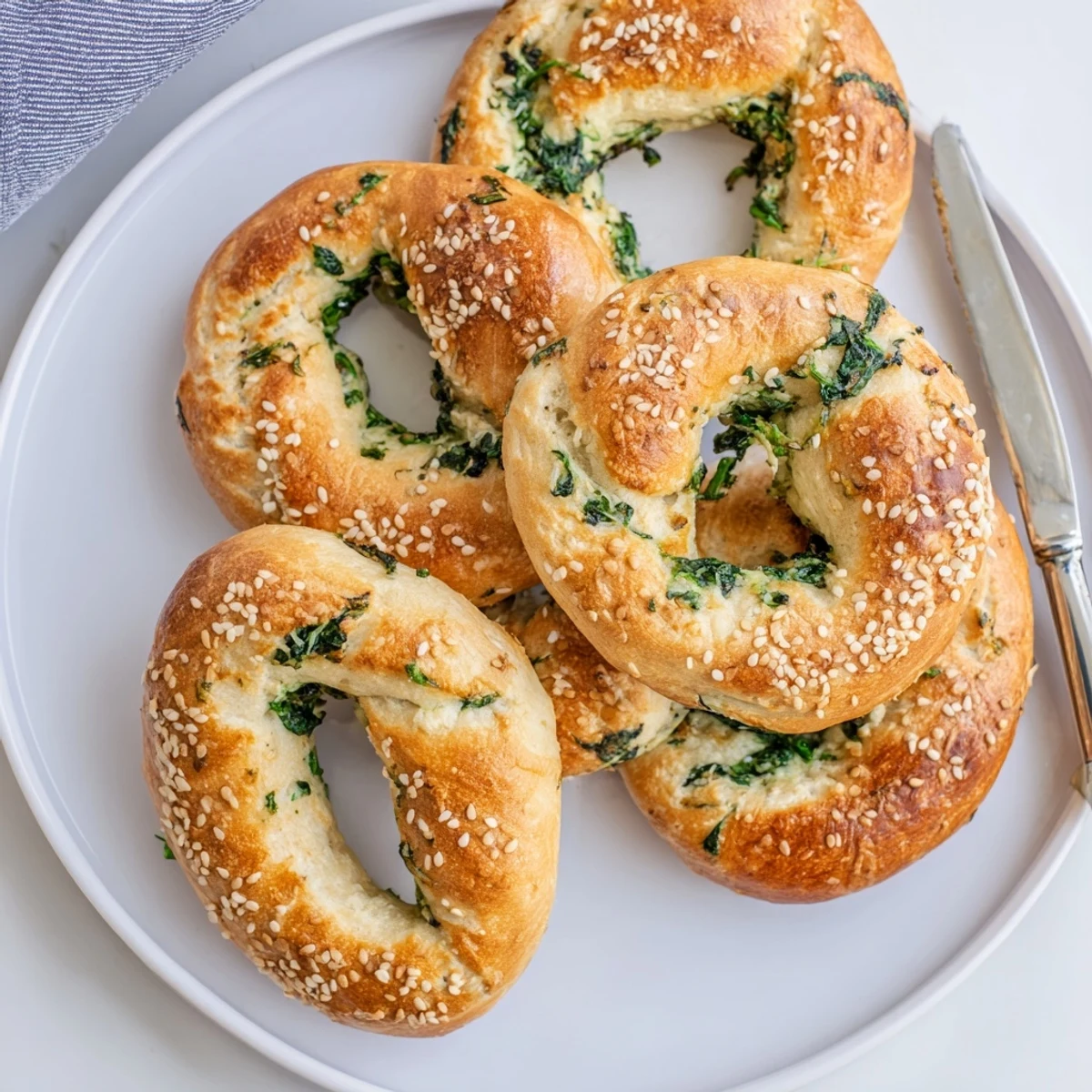 Warm Spinach Cottage Cheese Flagels are sliced to reveal a tender, green-flecked crumb, perfect for toasting.