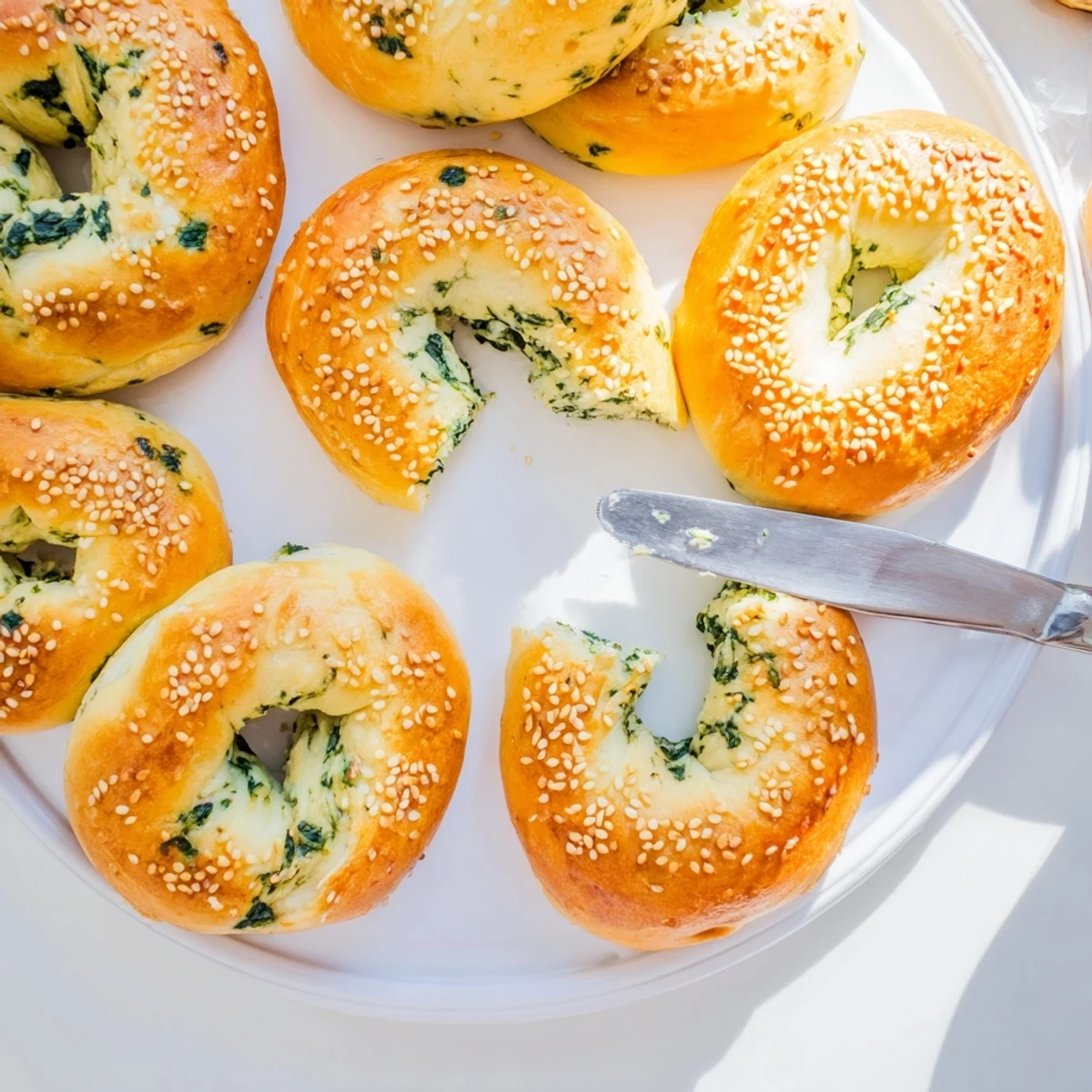 A close-up shows the chewy interior and speckled spinach of freshly baked Spinach Cottage Cheese Flagels.